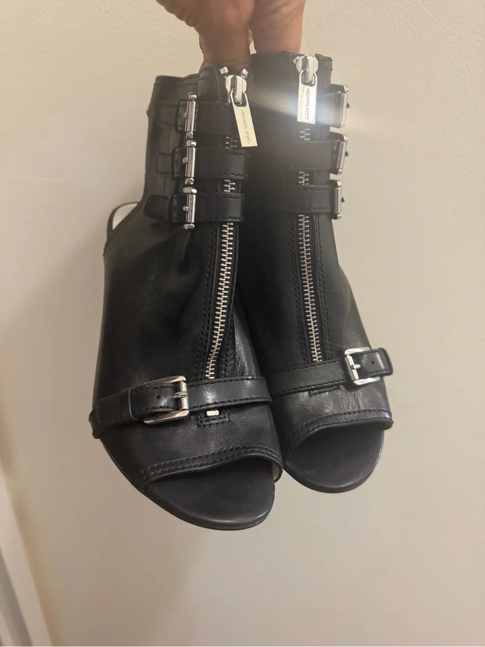 Michael Kors Black Leather Buckle Peep-Toe Stiletto Booties